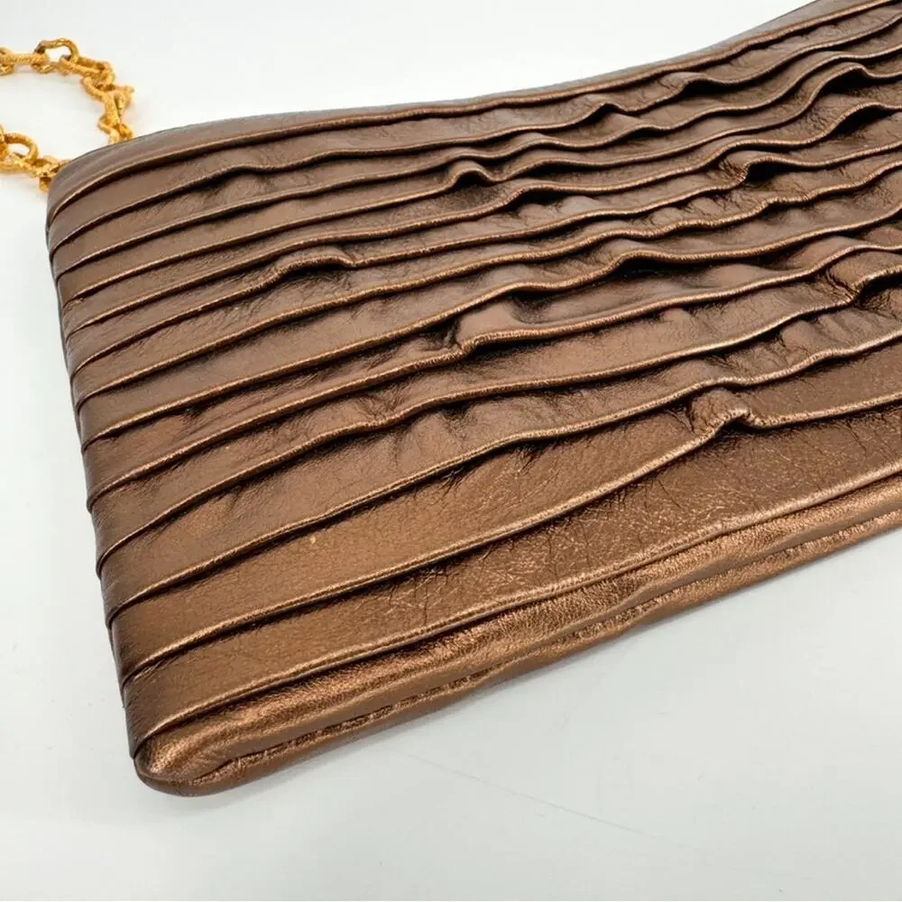 Dominique Cohen Metallic Copper Pleated Clutch‎ with Chain and Horn Detail OS